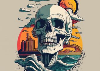 T-shirt, SKULL, waves and sun PNG File t shirt designs for sale