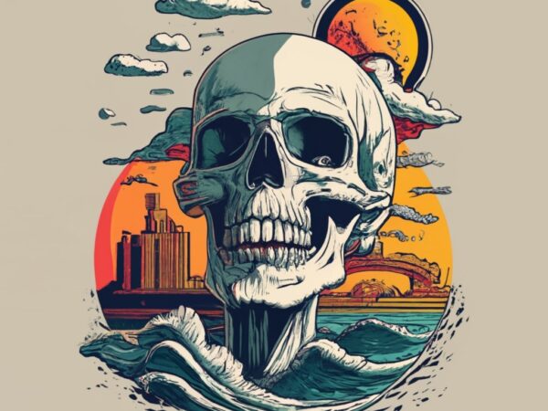 T-shirt, skull, waves and sun png file t shirt designs for sale