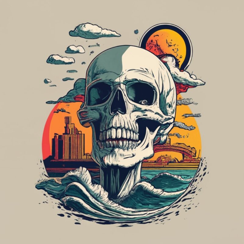 T-shirt, SKULL, waves and sun PNG File