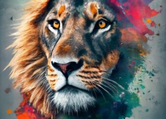 T-shirt design: ” Pérez “double exposure of a lion and a forest, natural landscape, watercolor art PNG File