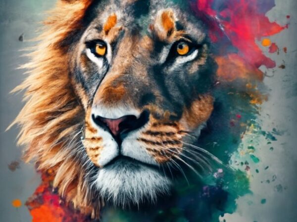 T-shirt design: ” pérez “double exposure of a lion and a forest, natural landscape, watercolor art png file