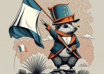 T-Shirt Design, hedgehog dressed up as napoleon with his hat holding a french Flag, he’s sittingon a rock looking toxards the sky PNG File