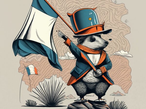 T-shirt design, hedgehog dressed up as napoleon with his hat holding a french flag, he’s sittingon a rock looking toxards the sky png file
