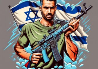 T-Shirt Design,83 The name “Juan David “in bright blue with dark blue smoke thunder,Man holding a M16 , Israel Flag and a Name “Stronger Tha