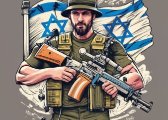 T-Shirt Design,Man holding a M16 , Israel Flag and a Name “Stronger Than Ever” i the bottom PNG File