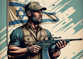 T-Shirt Design,Man holding a Riffle, Israel Flag,mixpnk style PNG File