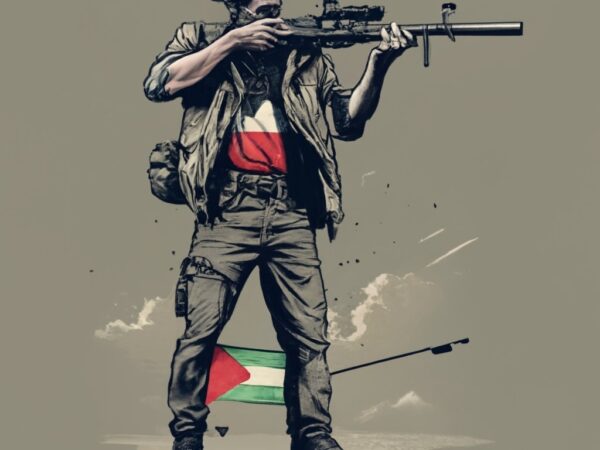 T-shirt design,man holding a riffle, palestine flag png file