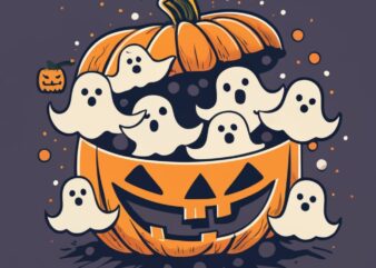 T-shirt design, black background, Halloween sheet ghosts sitting in pumpkin PNG File