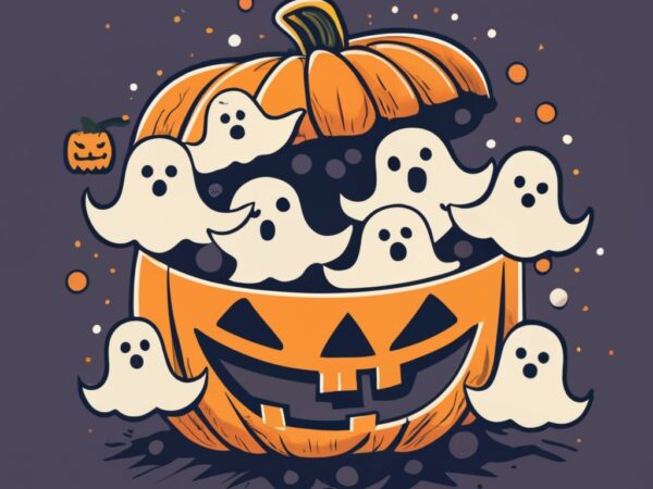 T-shirt design, black background, halloween sheet ghosts sitting in pumpkin png file