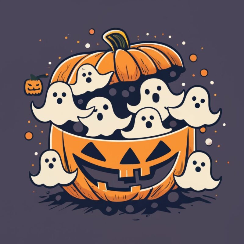 T-shirt design, black background, Halloween sheet ghosts sitting in pumpkin PNG File
