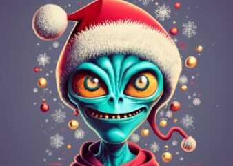 T-shirt design, crazy alien with santa clause hat. Text “Happy Christmas” PNG File