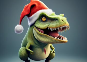 T-shirt design, crazy dino with santa clause hat. Text “Happy Christmas” PNG File