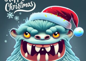 T-shirt design, crazy yeti with santa clause hat. Text “Happy Christmas” PNG File