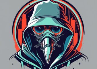 T-shirt design graphic, a cybernetic plague doctor in a futuristic pandemic, neon city under quarantine, ominous red warning lights PNG File