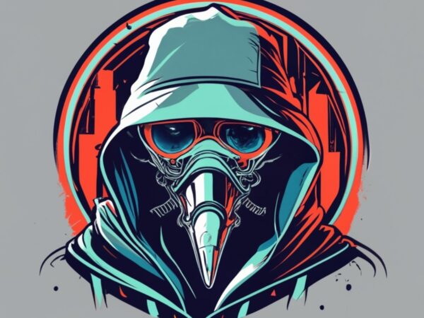 T-shirt design graphic, a cybernetic plague doctor in a futuristic pandemic, neon city under quarantine, ominous red warning lights png file