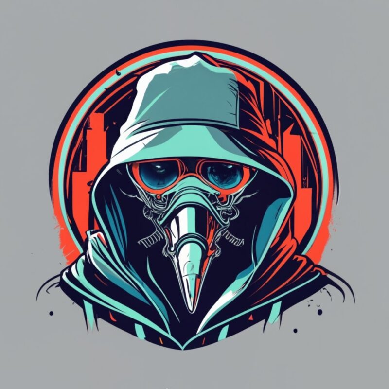 T-shirt design graphic, a cybernetic plague doctor in a futuristic pandemic, neon city under quarantine, ominous red warning lights PNG File