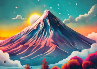 T-shirt design in neon watercolor of a fuji mountain A gray Damavand mountain with only the top covered with snow, a sun on top of the mount