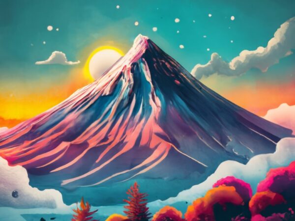 T-shirt design in neon watercolor of a fuji mountain a gray damavand mountain with only the top covered with snow, a sun on top of the mount