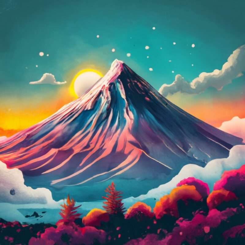 T-shirt design in neon watercolor of a fuji mountain A gray Damavand mountain with only the top covered with snow, a sun on top of the mount