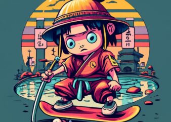 T-shirt design of samurai’s on skateboards in Tokyo Japan with graffiti walls and skating in empty pool PNG File