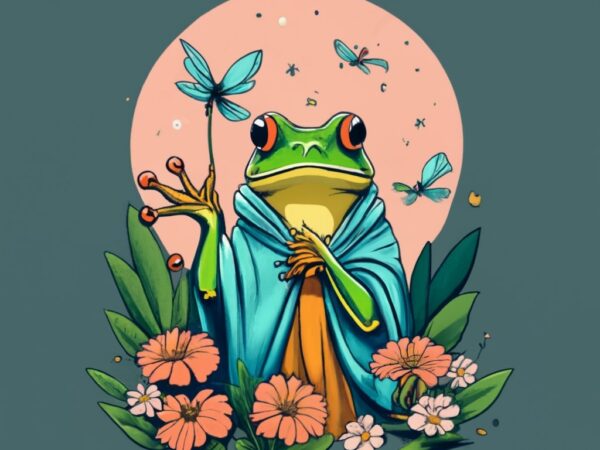 T shirt design, praying frog, painting, photo png file