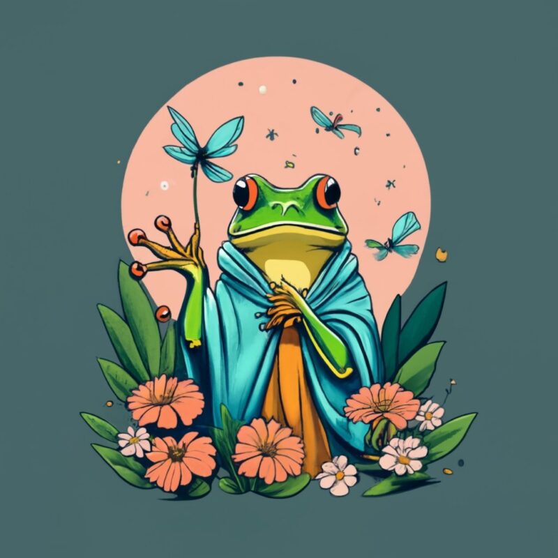 T shirt design, praying frog, painting, photo PNG File