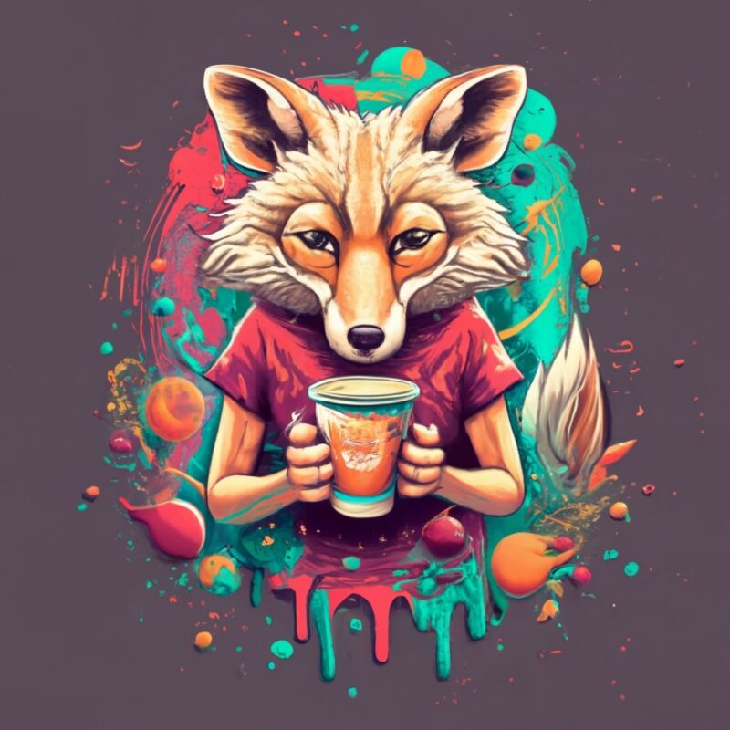 T-shirt design, vintage girl. Holding coffee cup Coyote from cartoon network,anime PNG File