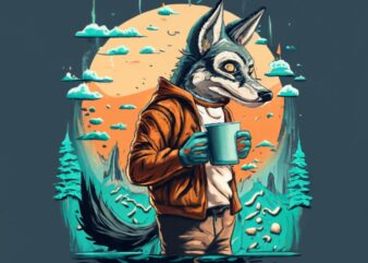 T-shirt design, vintage man. Holding coffee cup Coyote from cartoon network,anime PNG File