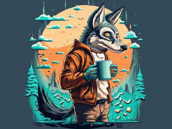 T-shirt design, vintage man. holding coffee cup coyote from cartoon network,anime png file