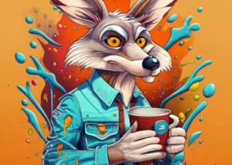 T-shirt design,Wile E. Holding coffee cup Coyote from cartoon network,anime PNG File