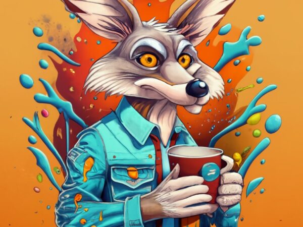 T-shirt design,wile e. holding coffee cup coyote from cartoon network,anime png file