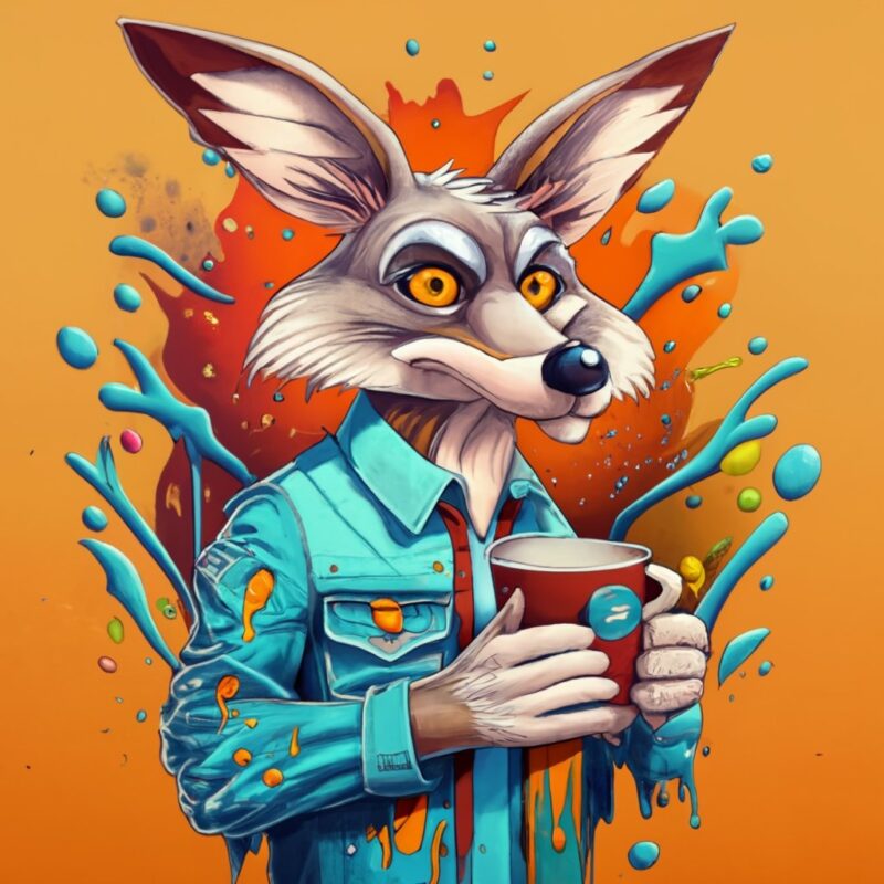 T-shirt design,Wile E. Holding coffee cup Coyote from cartoon network,anime PNG File