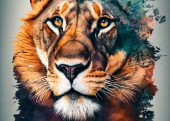 T-shirt design: ” Samuel “double exposure of a lion and a forest, natural landscape, watercolor art PNG File