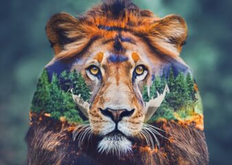 T-shirt design: double exposure of a lion and a forest, natural landscape PNG File