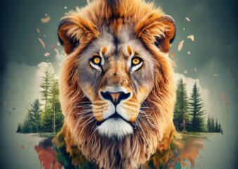 T-shirt design: double exposure of a lion and a forest, natural landscape, watercolor art, with text “Juan Alberto” PNG File