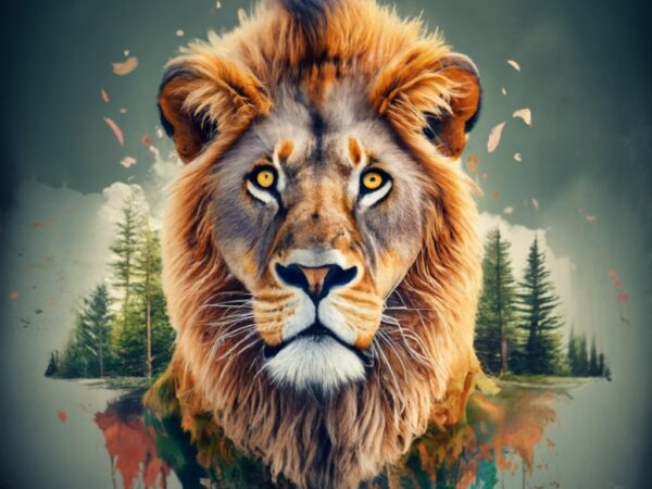 T-shirt design: double exposure of a lion and a forest, natural landscape, watercolor art, with text “juan alberto” png file T-shirt design: double exposure of a lion and a forest, natural landscape, watercolor art, with text “juan alberto” png file