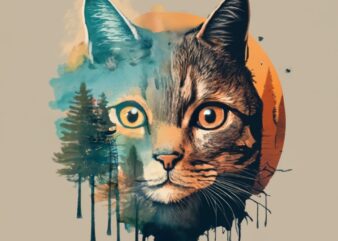 T-shirt design: double exposure of cat and a forest, natural landscape, watercolor art PNG File