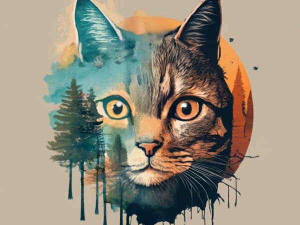 T-shirt design: double exposure of cat and a forest, natural landscape, watercolor art png file