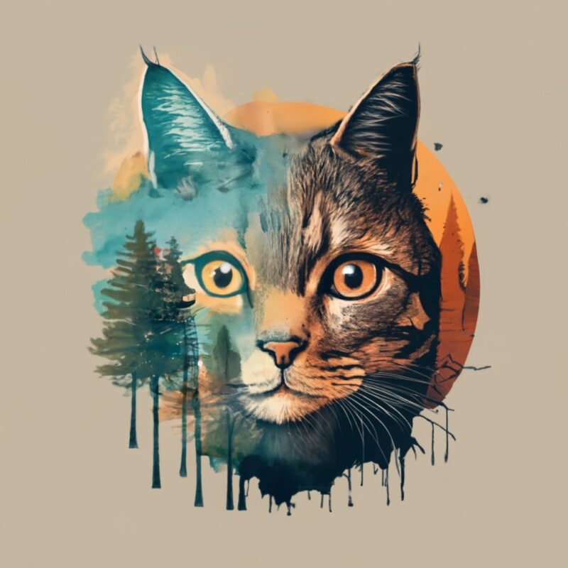 T-shirt design: double exposure of cat and a forest, natural landscape, watercolor art PNG File