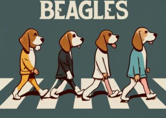T-shirt design, a group of 4 beagle dogs walking across a crosswalk, an album cover, the beatles, in cartoon style, the ringles, “The Beagle