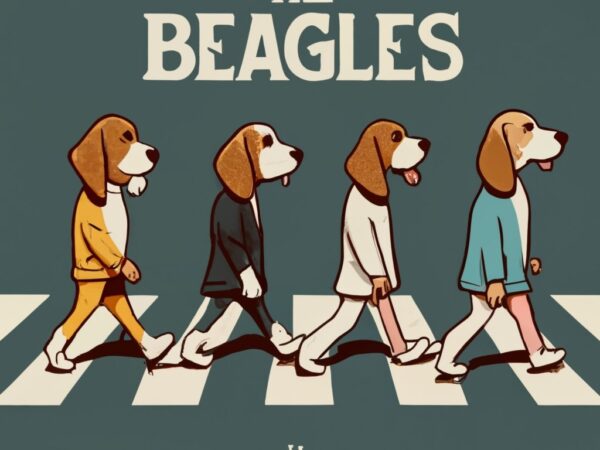 T-shirt design, a group of 4 beagle dogs walking across a crosswalk, an album cover, the beatles, in cartoon style, the ringles, “the beagle