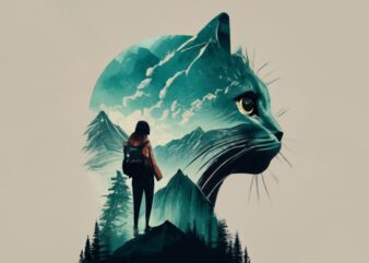 T-shirts design – Double exposure of a cat and a mountain, natural scenery, watercolor art PNG File