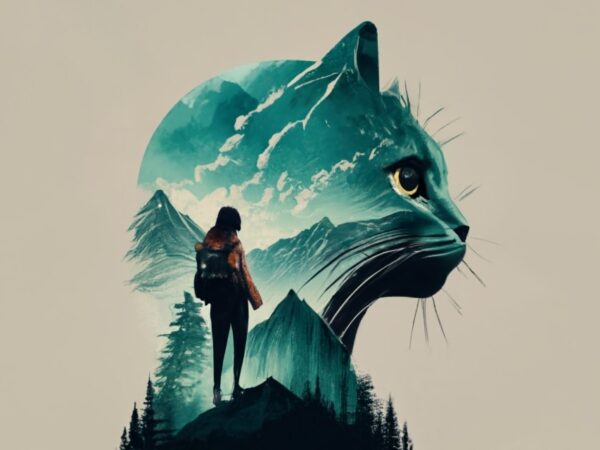 T-shirts design – double exposure of a cat and a mountain, natural scenery, watercolor art png file
