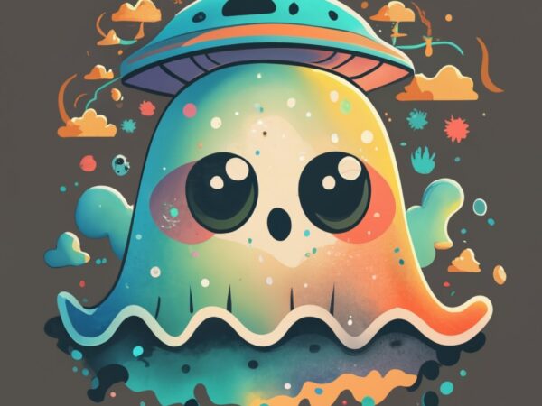 T shirts design cute ghost wearing ufo on head png file