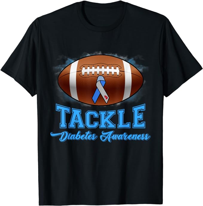 Tackle Diabetes Awareness American Football Blue Ribbon T1D T-Shirt