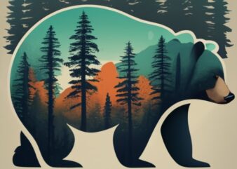 “we love outdooors ” in a double exposure bear and forest trees, White background PNG File