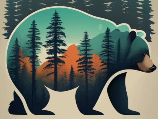 “we love outdooors ” in a double exposure bear and forest trees, white background png file