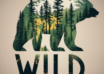 “wilderness” in a double exposure bear and forest trees, White background PNG File