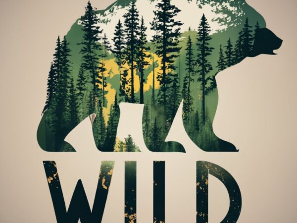 “wilderness” in a double exposure bear and forest trees, white background png file