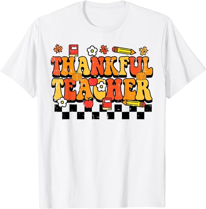 Thankful Teacher Retro Groovy Thanksgiving Fall Women Men T-Shirt